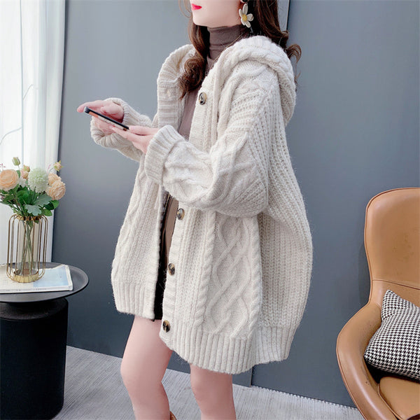 Polyester  Hooded Sweater Knitted Cardigan For Women Autumn And Winter 2026 Loose Women's Mid-Length Knitted Jacket
