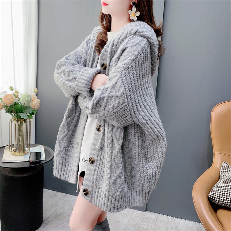 Polyester  Hooded Sweater Knitted Cardigan For Women Autumn And Winter 2026 Loose Women's Mid-Length Knitted Jacket