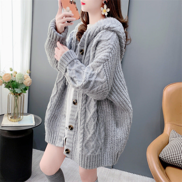 Polyester  Hooded Sweater Knitted Cardigan For Women Autumn And Winter 2026 Loose Women's Mid-Length Knitted Jacket