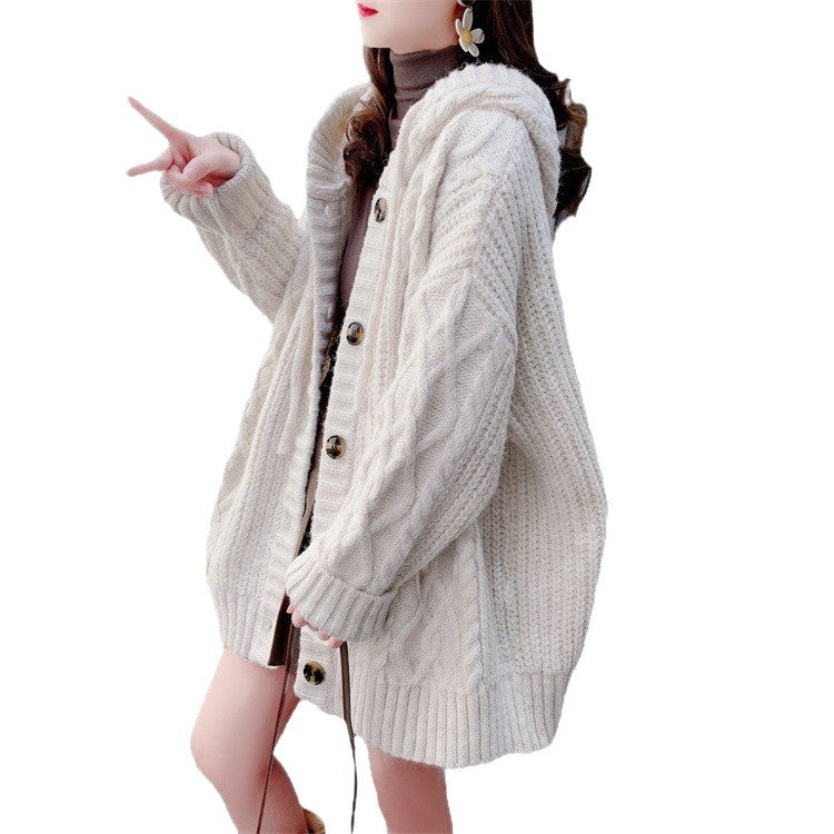 Polyester  Hooded Sweater Knitted Cardigan For Women Autumn And Winter 2026 Loose Women's Mid-Length Knitted Jacket